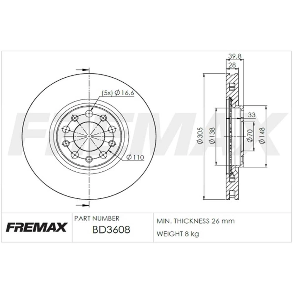 DISCO FREIO DIANTEIRO VENTILADO 305MM 5 FUROS FIAT TORO 1.8/2.0/ 2.4 17/ COMPASS RENEGADE 15/ V305MM