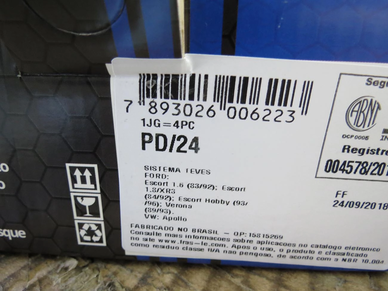 PASTILHA FREIO RODA DIANTEIRA FORD ESCORT/VERONA 1.6 83/92 HOBBY 93/96 VW APOLLO 90/92