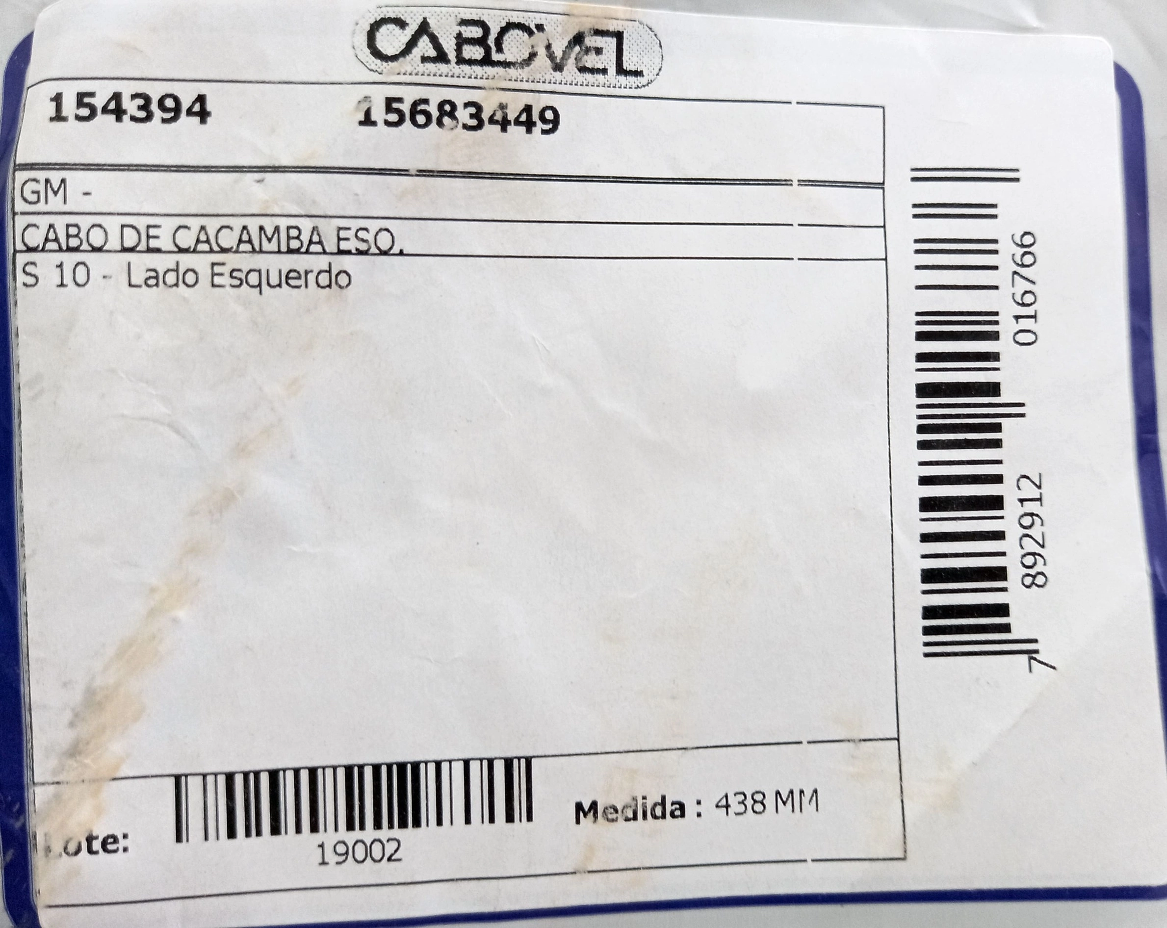 CABO TAMPA TRASEIRA ESQUERDO GM S-10 1995/ - 438MM
