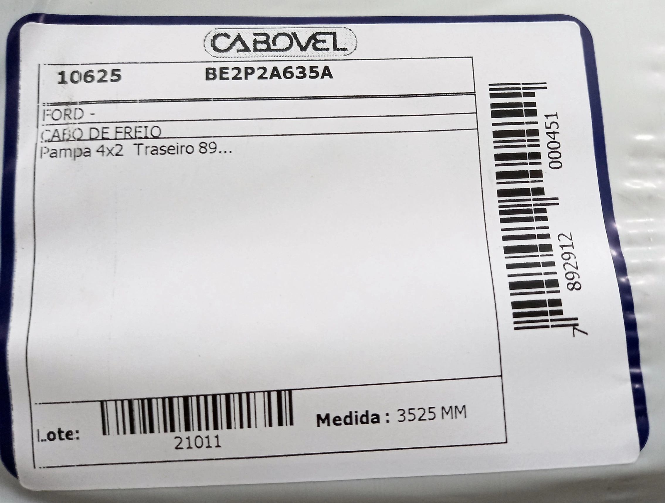 CABO FREIO TRASEIRO 3525MMM PARA DUAS RODAS FORD PAMPA 4X2 1989/ 3525MM