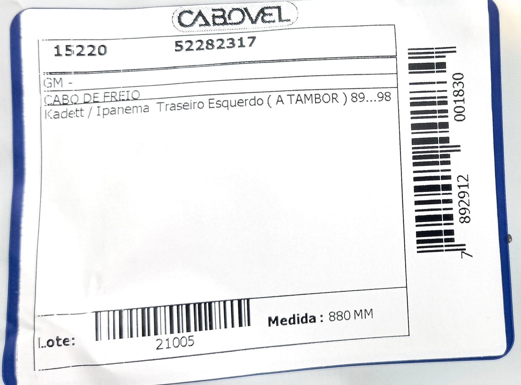 CABO FREIO GM KADETT - TODOS - TRASEIRO ESQUERDO - A TAMBOR 89/98 880
