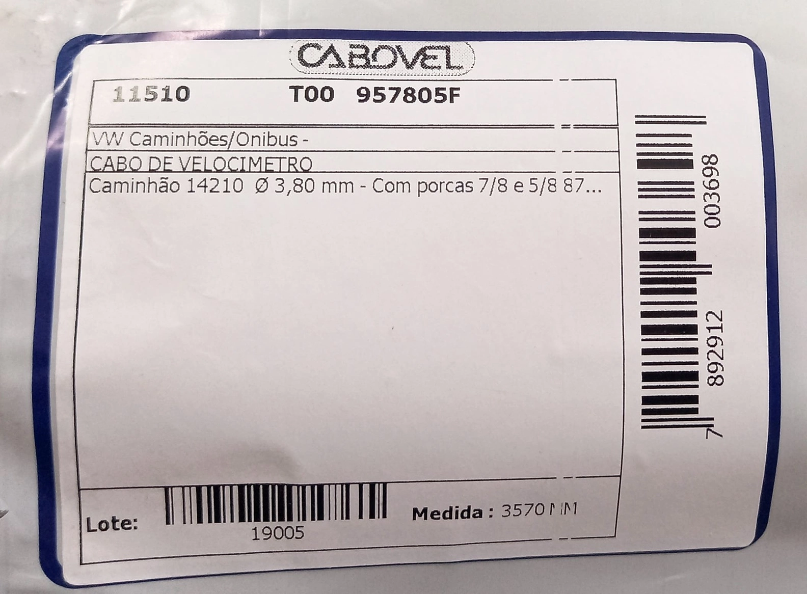 CABO VELOCIMETRO VW 14.210 - INTERNO 3.80MM 87/ 3570MM