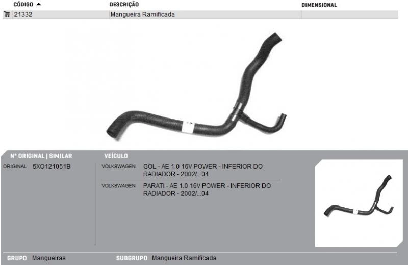 MANGUEIRA RADIADOR VW GOL/PARATI 1.0 2002/ POWER - INFERIOR