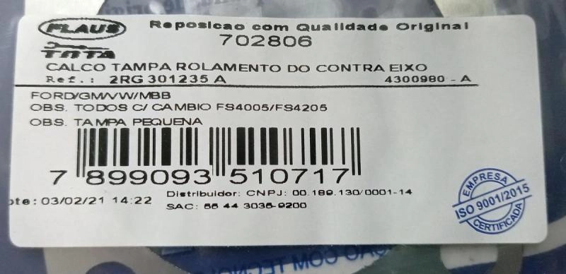 CALÇO TAMPA ROLAMENTO DO CONTRA EIXO - FORD/GM/VW/MBB - CÂMBIO FS4005/FS4205