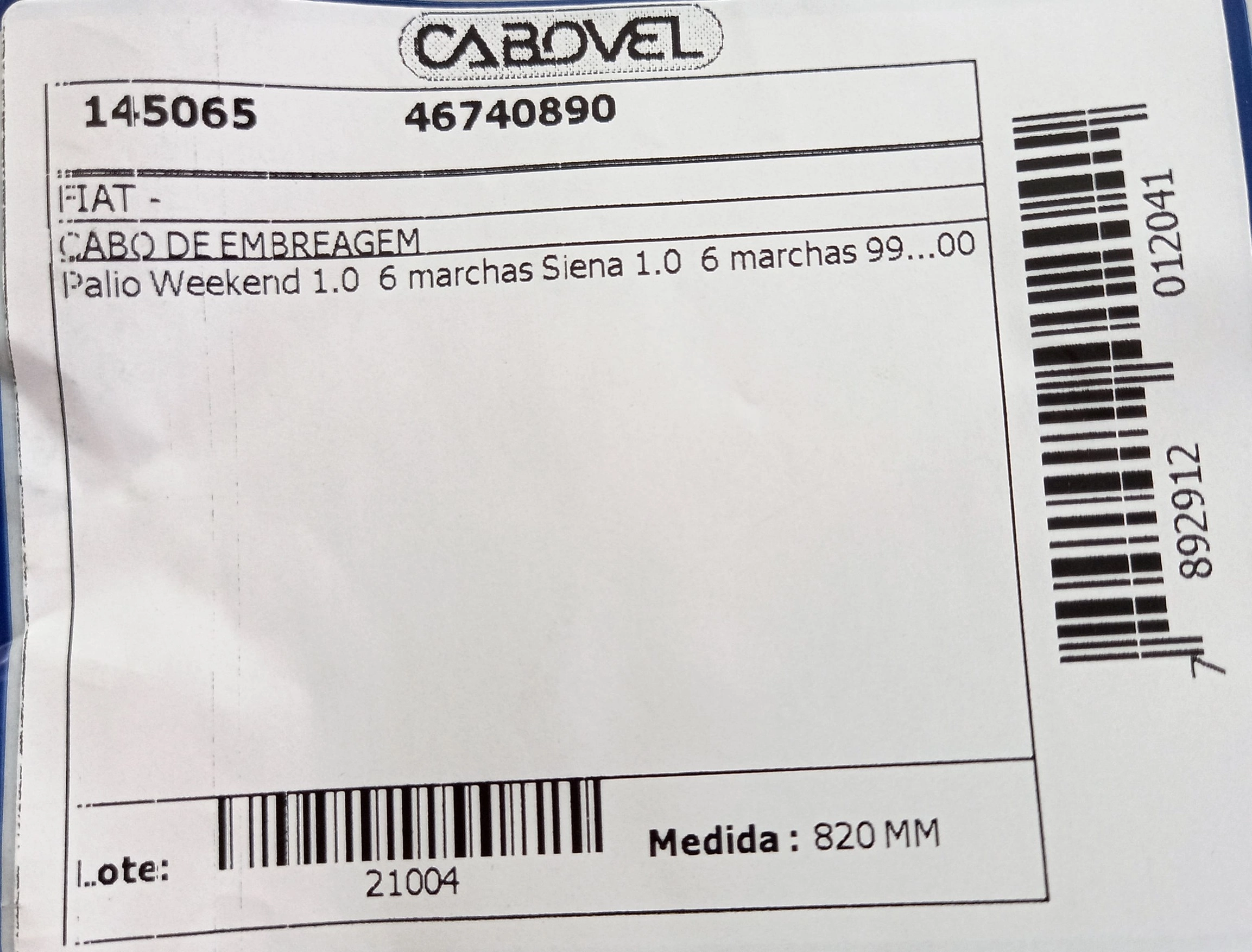 CABO EMBREAGEM 820MM FIAT PALIO WEEKEND/SIENA 1.0 8V MPI 6 MARCHAS 1999/2000