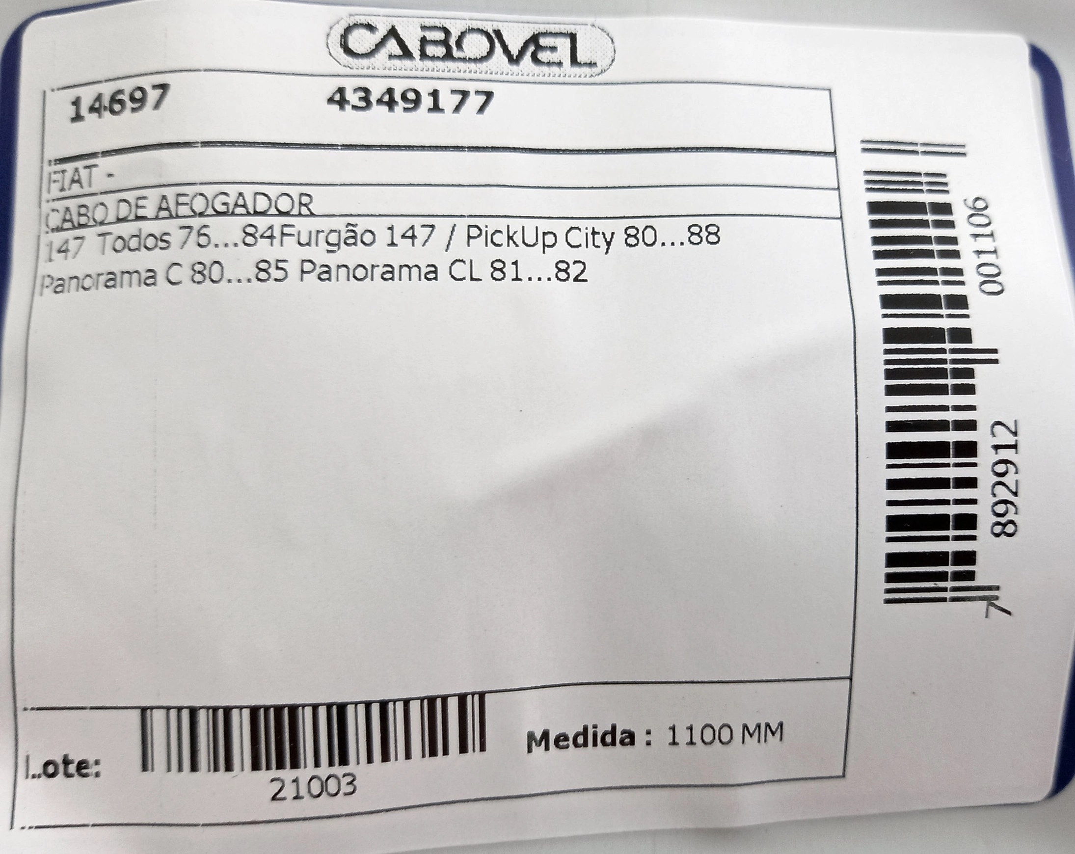 CABO AFOGADOR FIAT 147/OGGI/PANORAMA/FIORINO 147 76/86 1100MM