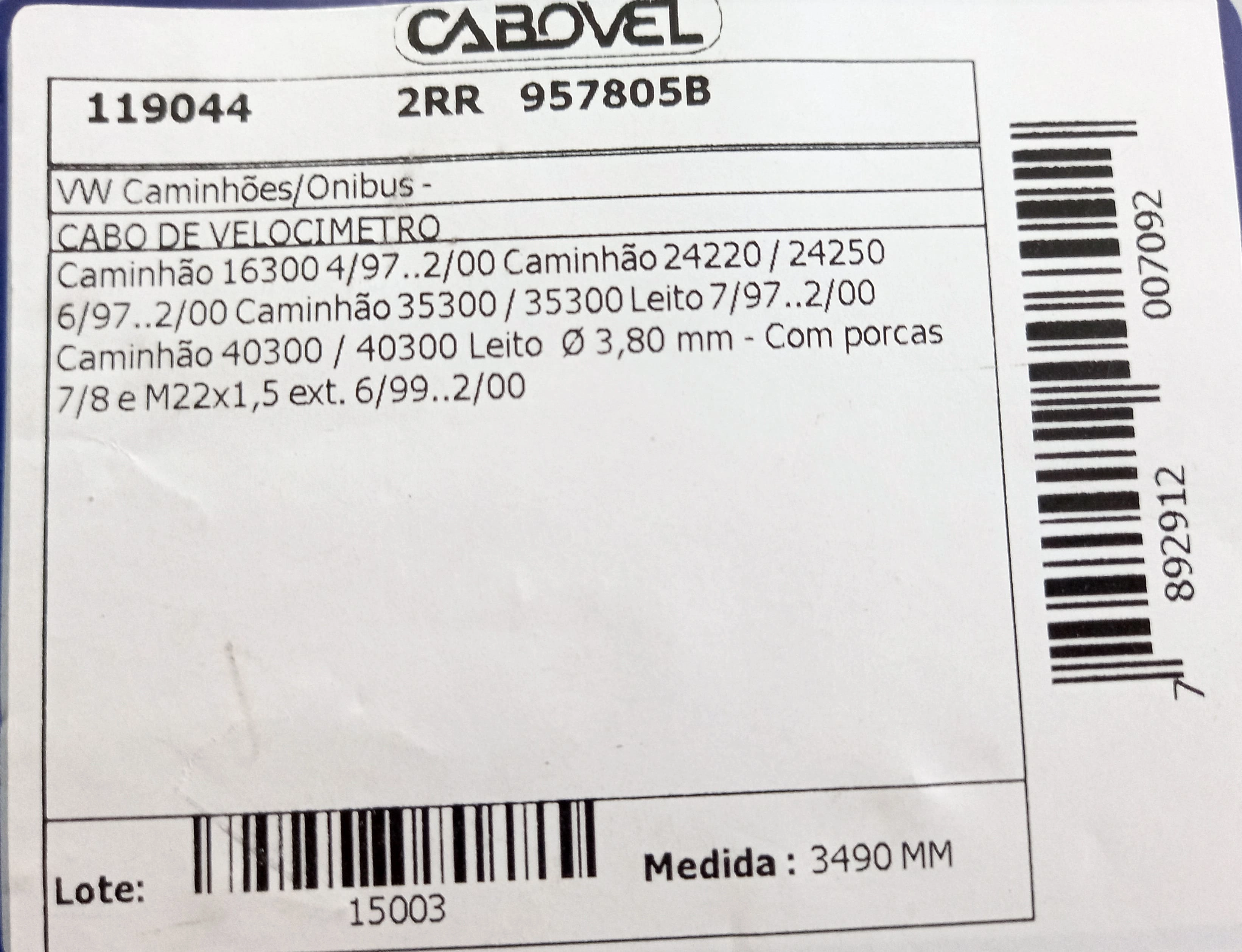 CABO VELOCIMETRO VW 24.220/24.250/35.300/16.300/40.300 INTERNO 3.80MM 04.97/02.00 3490MM
