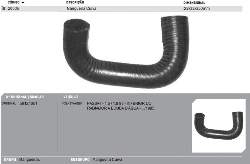 MANGUEIRA INFERIOR RADIADOR A BOMBA ÁGUA VW PASSAT/GOL/VOYAGE/PARATI/SAVEIRO 74/85