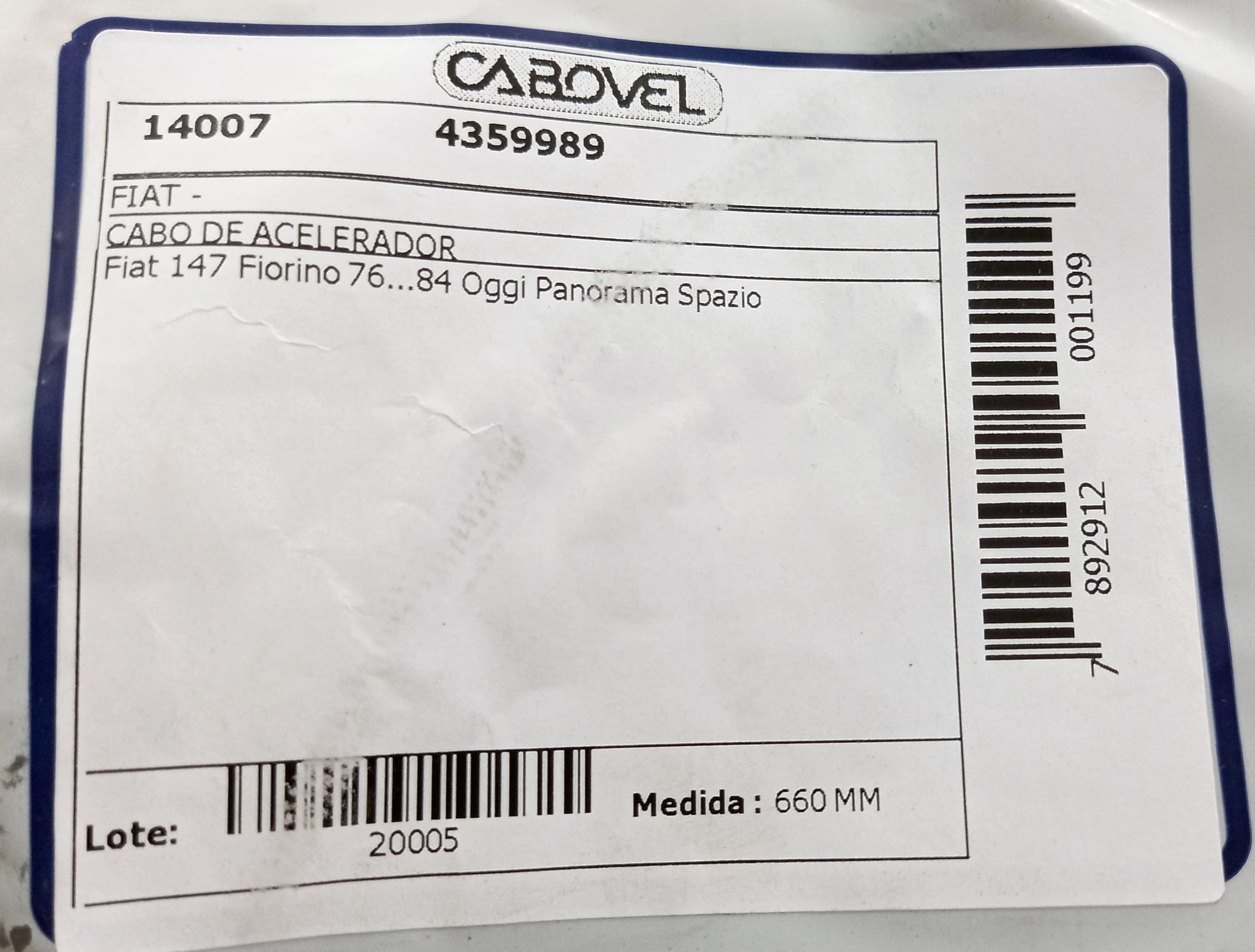 CABO ACELERADOR FIAT 147/OGGI/PANORAMA/FIORINO 147 TODOS 76/84 660
