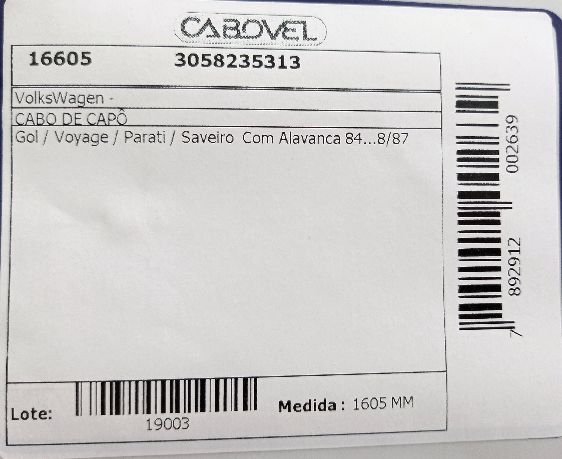 CABO CAPO VW GOL/VOYAGE/PARATI/SAVEIRO 84/08.87 1605