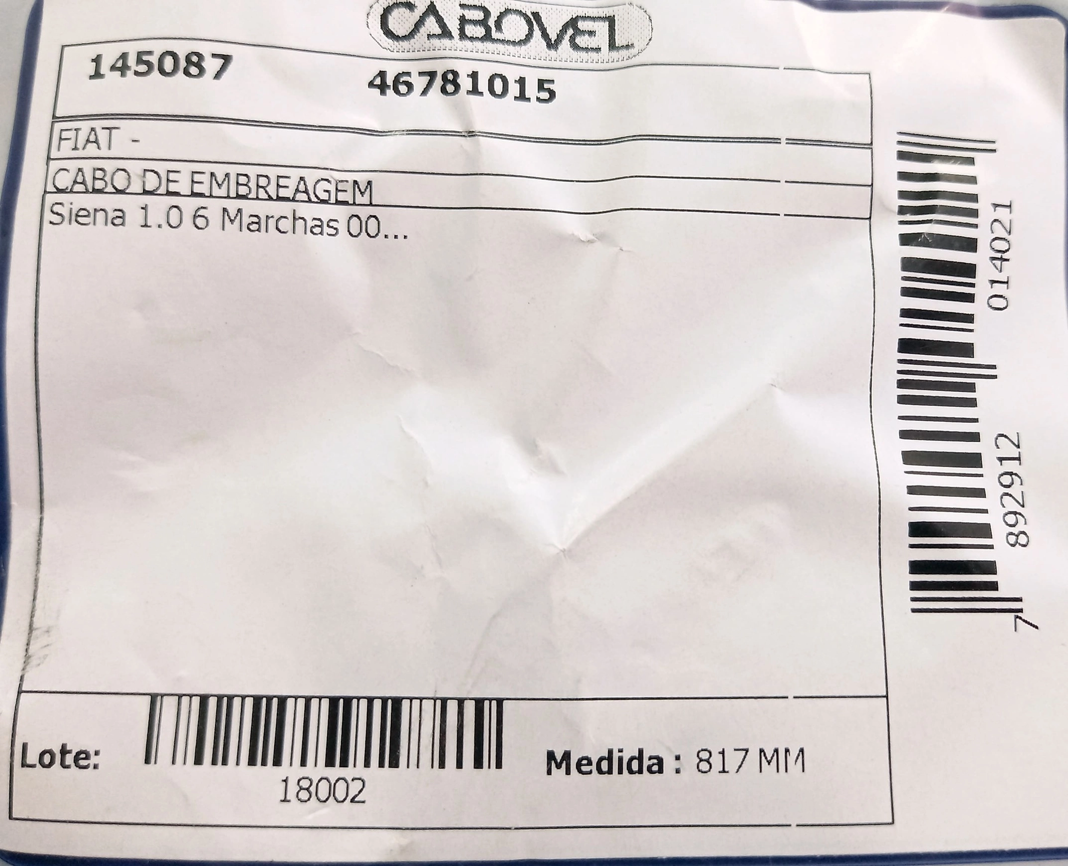 CABO EMBREAGEM CÂMBIO 6 MARCHAS 817MM FIAT SIENA 1.0 8V 02.2000/