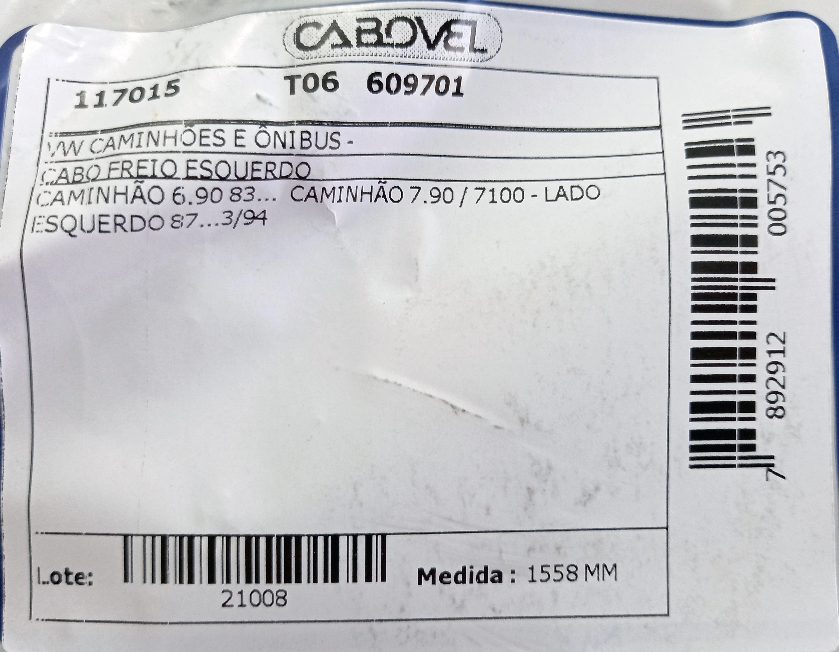 CABO FREIO VW 6.90/7.90/7100 - LADO ESQUERDO 83/03.94 1558MM