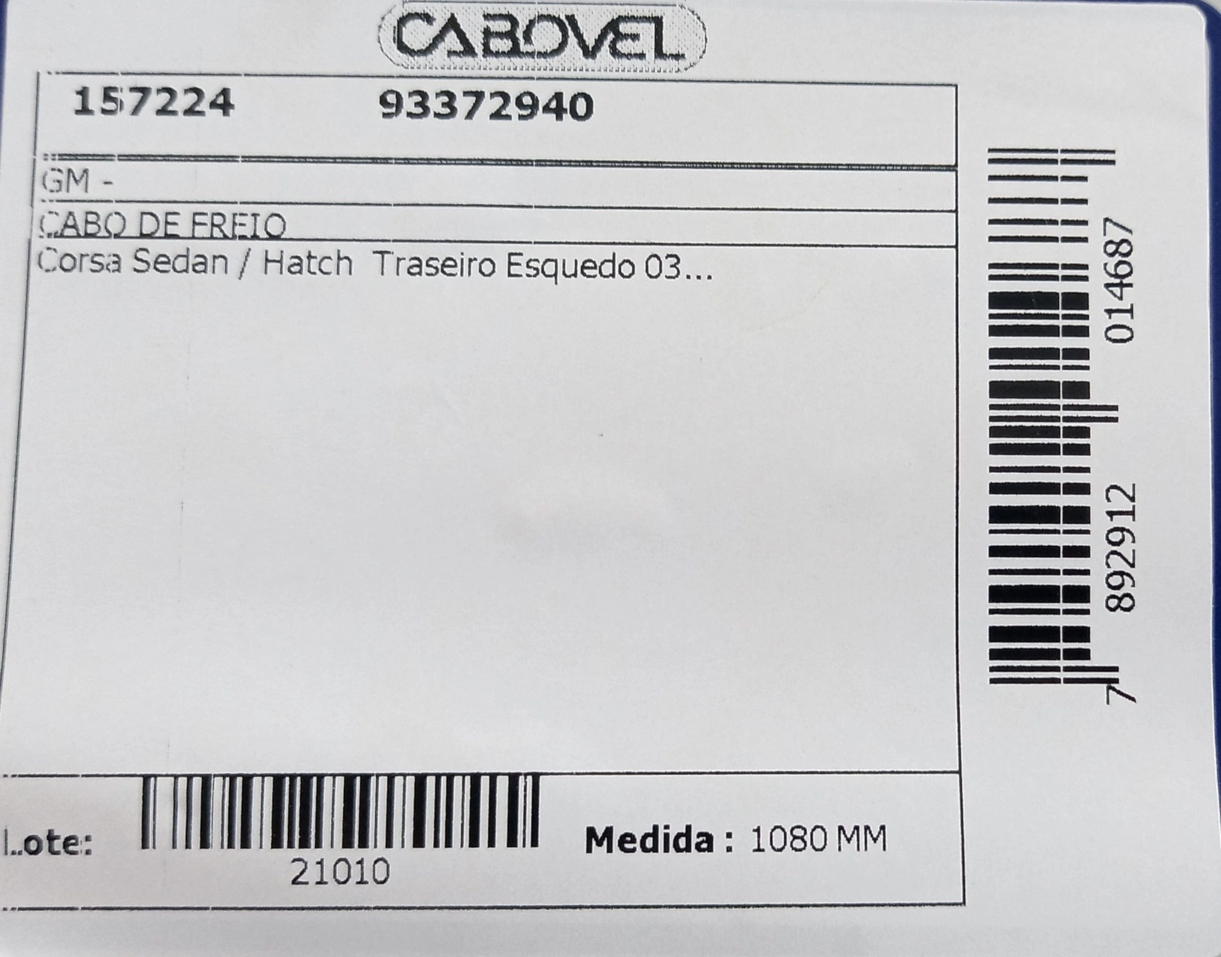 CABO FREIO TRASEIRO LADO ESQUERDO 1093MM GM NOVO CORSA 2003/