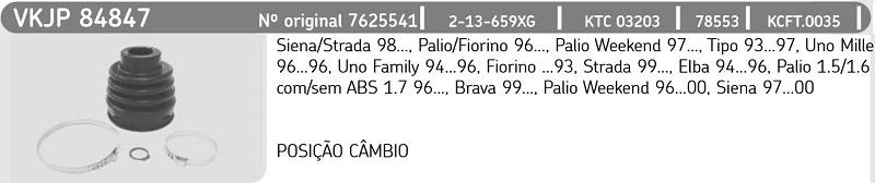KIT REPARO COIFA HOMOCINÉTICA LADO CÂMBIO FIAT PALIO/SIENA/STRADA/MOBI 96/ UNO/FIORINO 30X78X89MM
