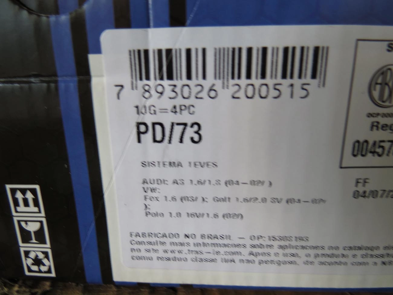 PASTILHA FREIO RODA DIANTEIRA VW CROSSFOX 14/18 FOX 03/14 GOLF 99/16 POLO 02/14