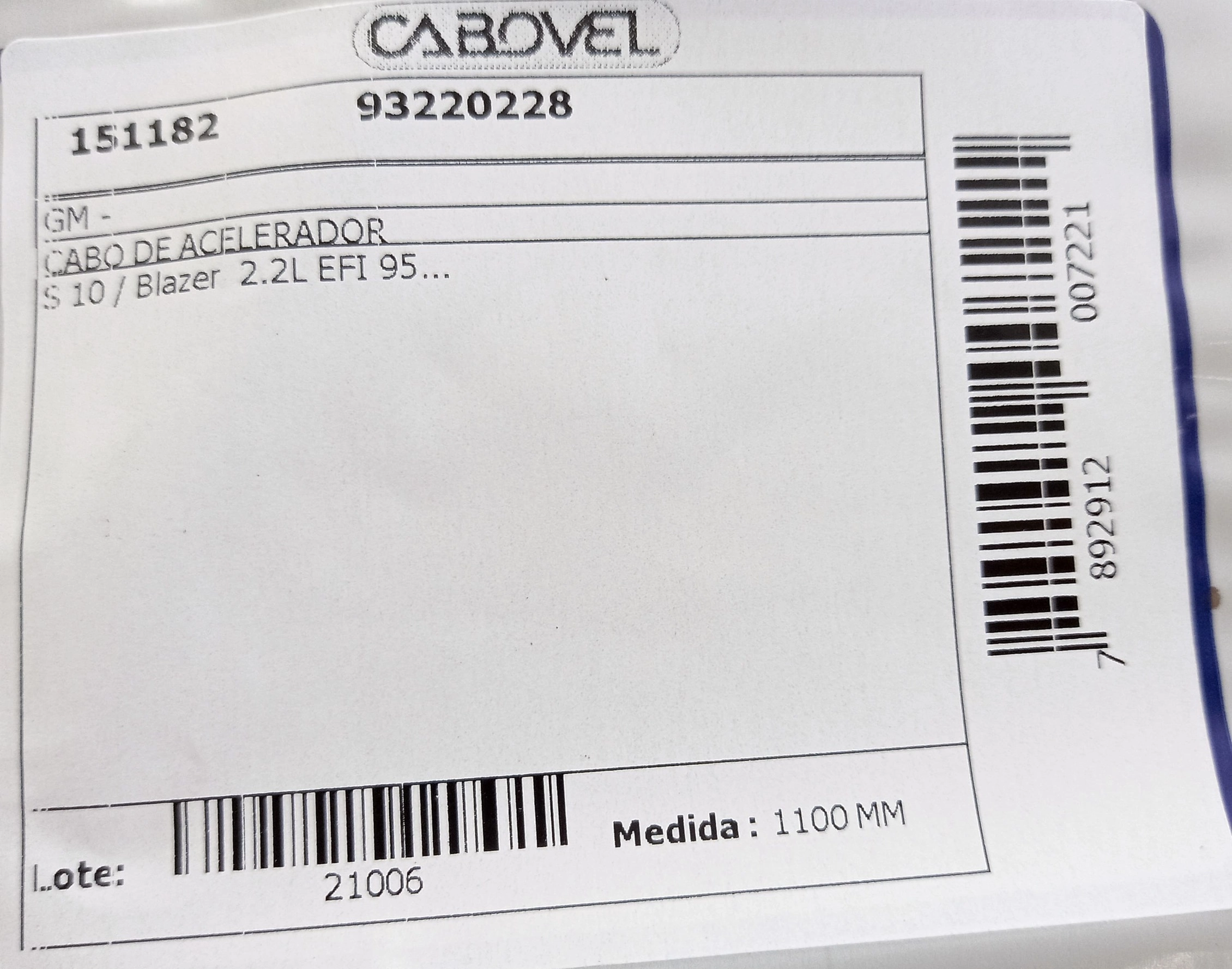 CABO ACELERADOR 1100MM GM S-10/BLAZER 2.2L EFI 95/ 1100