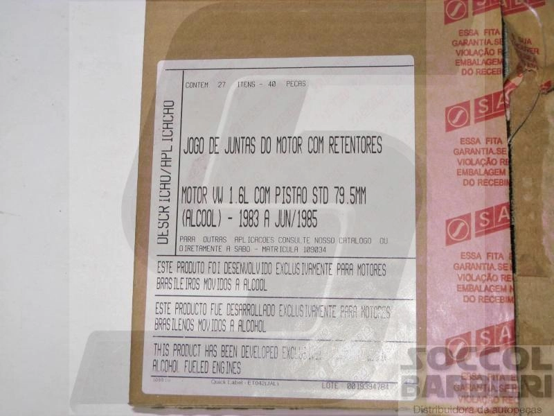 JOGO JUNTAS COMPLETO MOTOR VW PASSAT/GOL/VOYAGE/PARATI/SAVEIRO 1.6 /85 ALCOOL