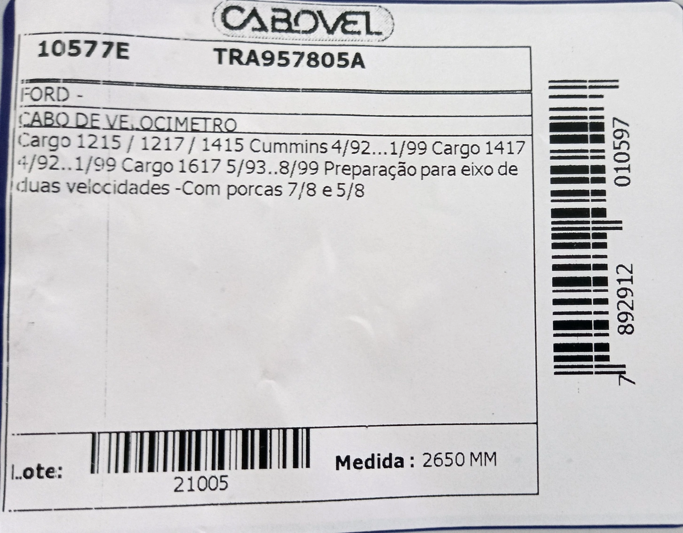 CABO DE VELOCIMETRO FORD CARGO 1215/1217/1415/1417/1617 1992/1999 - 2650MM - MOTOR  CUMMINS
