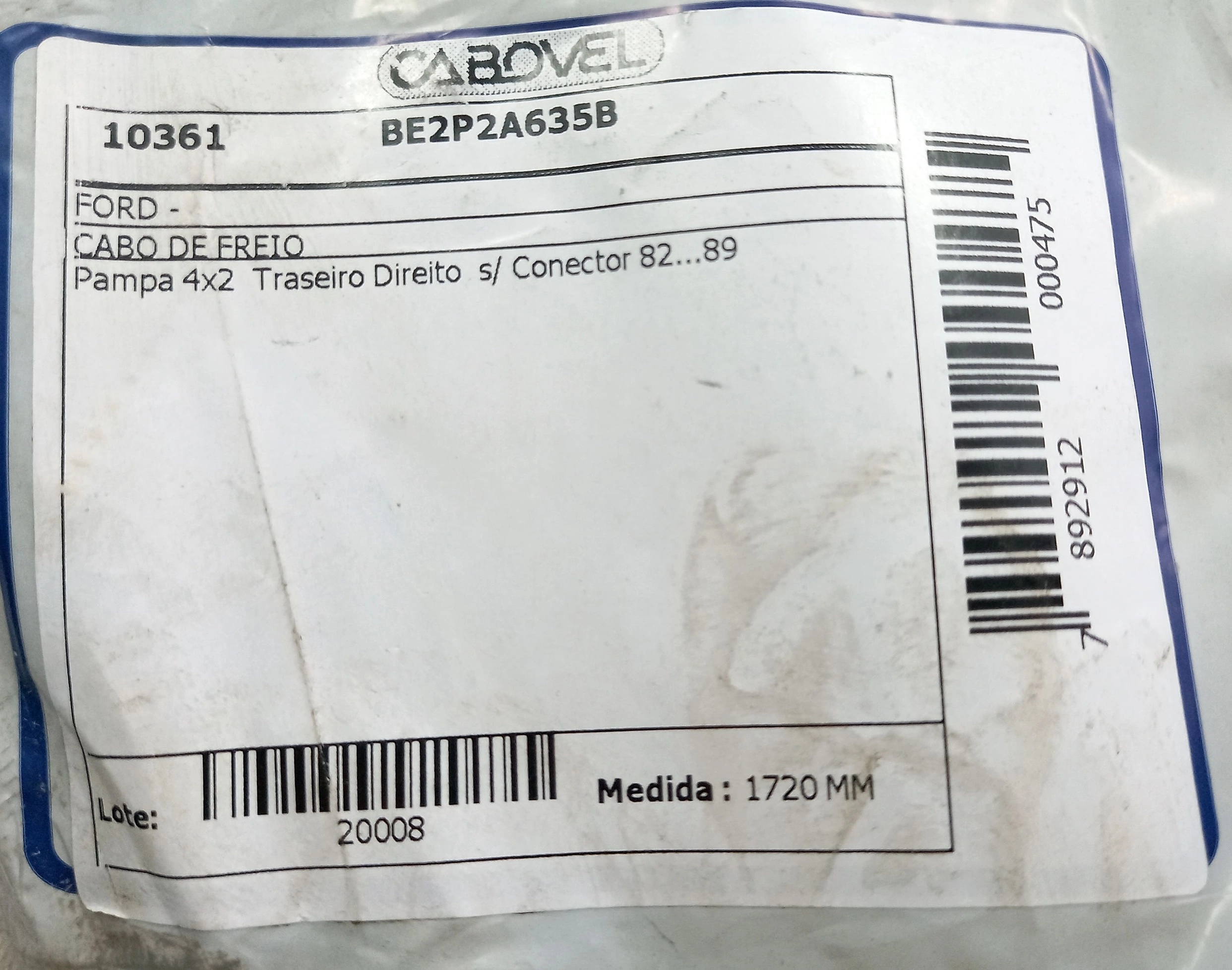 CABO FREIO TRASEIRO LADO DIREITO 1720MM FORD PAMPA 4X2 1982/1989 SEM CONECTOR