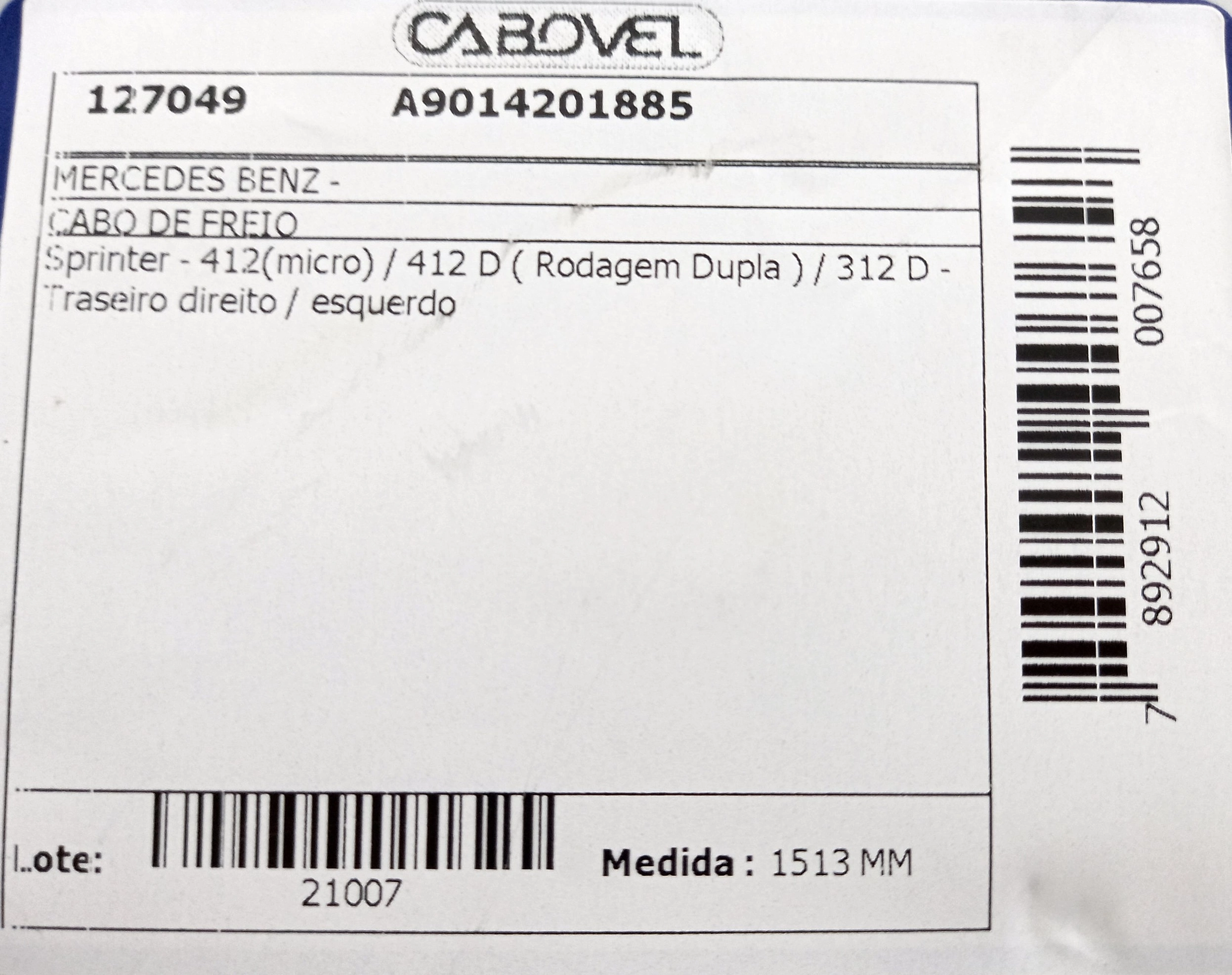 CABO FREIO TRASEIRO 1513MM MB SPRINTER 412