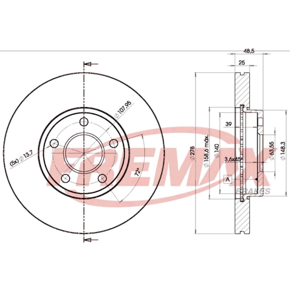 DISCO FREIO DIANTEIRO VENTILADO 278MM 5 FUROS FORD NOVO FOCUS 08/ ARO 15/16 VOLVO V40/C30/C-70/S40