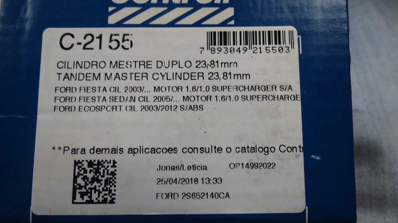 CILINDRO MESTRE FREIO SEM ABS DUPLO 23.81MM FORD NOVO FIESTA 1.6/1.0 SC 02/ ECOSPORT 1.0/1.6/2.0