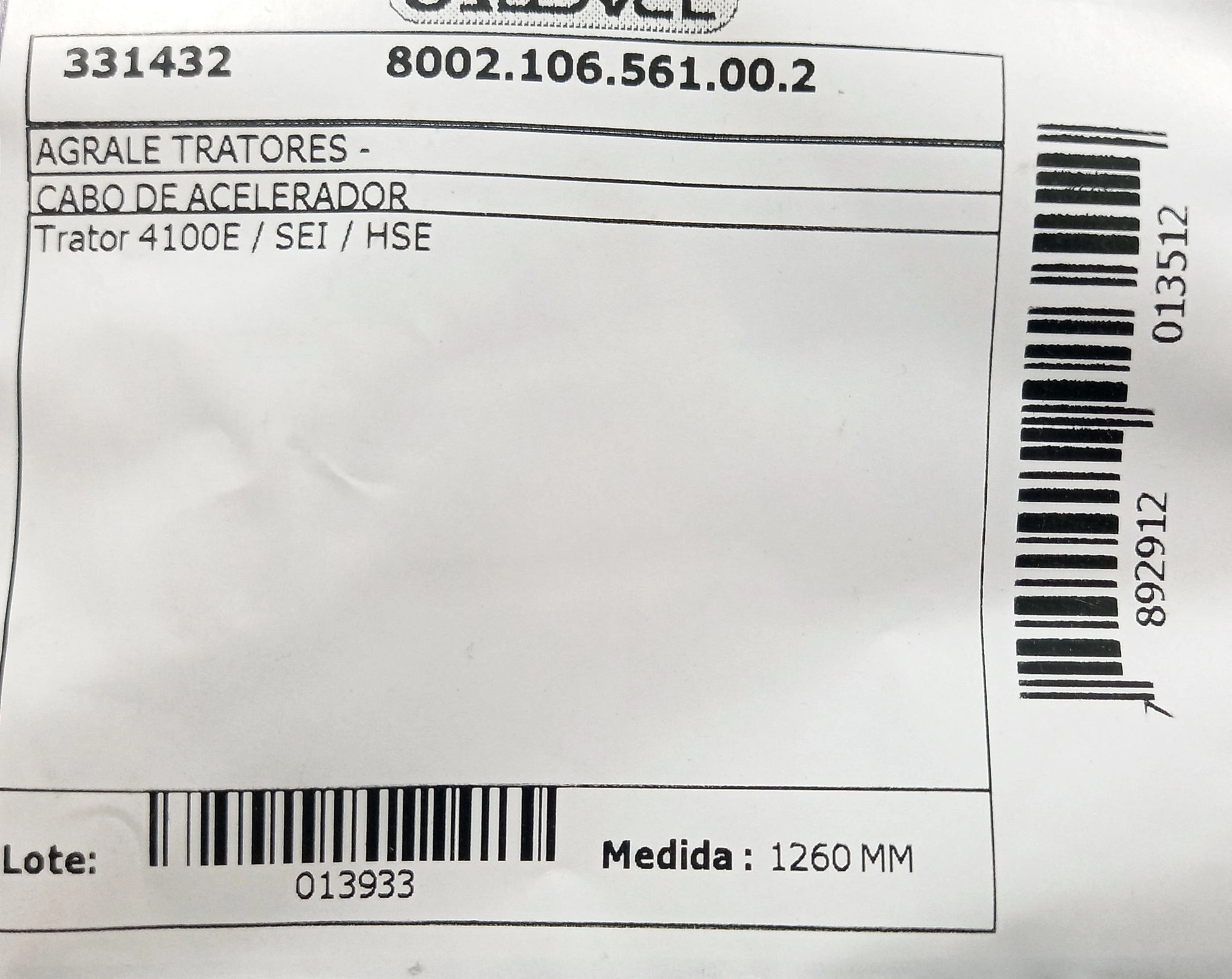 CABO ACELERADOR 1260MM AGRALE TRATOR 4100E 1.260