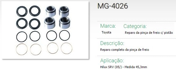 REPARO PINCA FREIO DIANTEIRA COM PISTAO TOYOTA HILUX SRV 2005/ - PARA UM LADO - 45MM