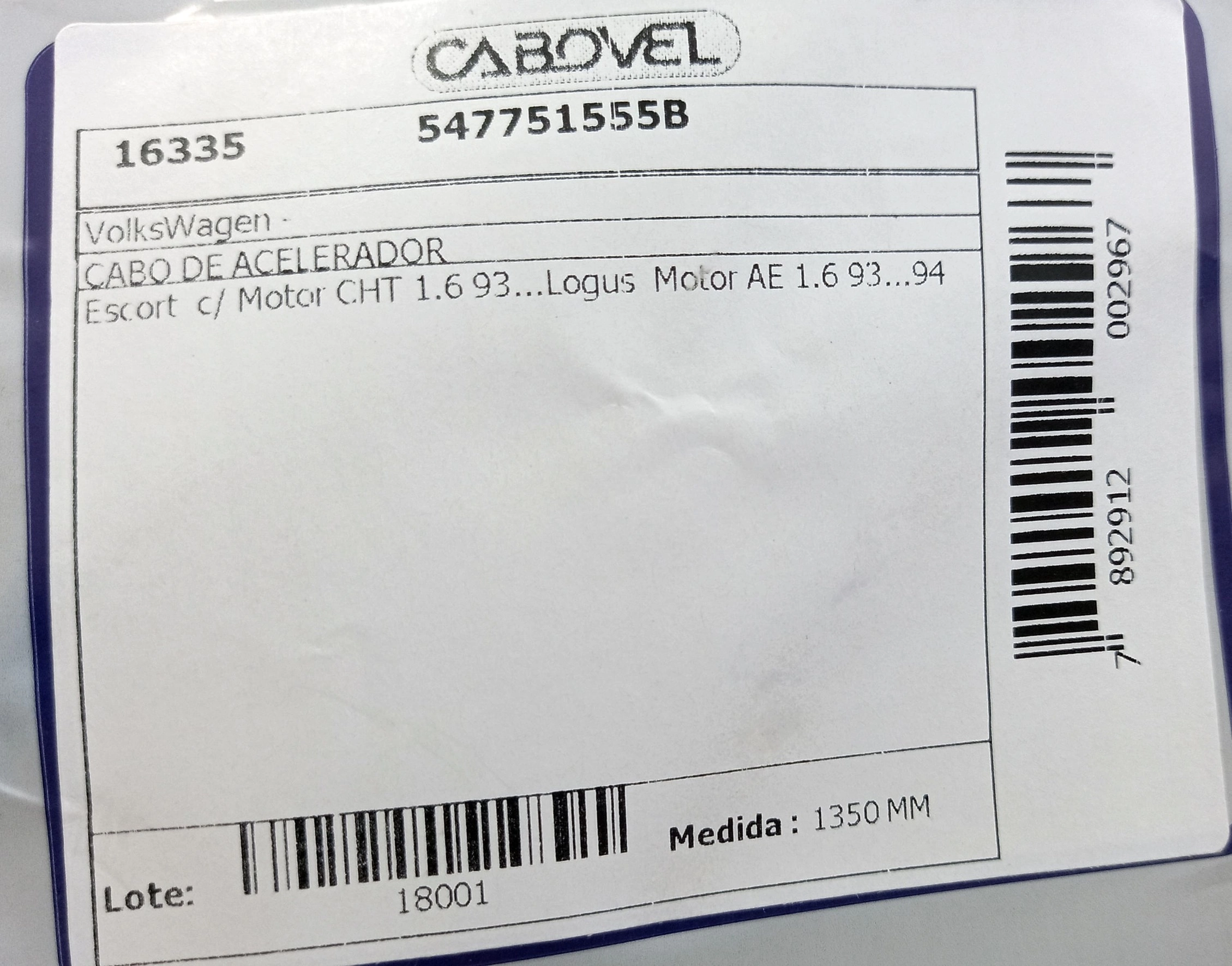 CABO ACELERADOR 1350MM VW LOGUS MOTOR AE 1.6 93/94 1350