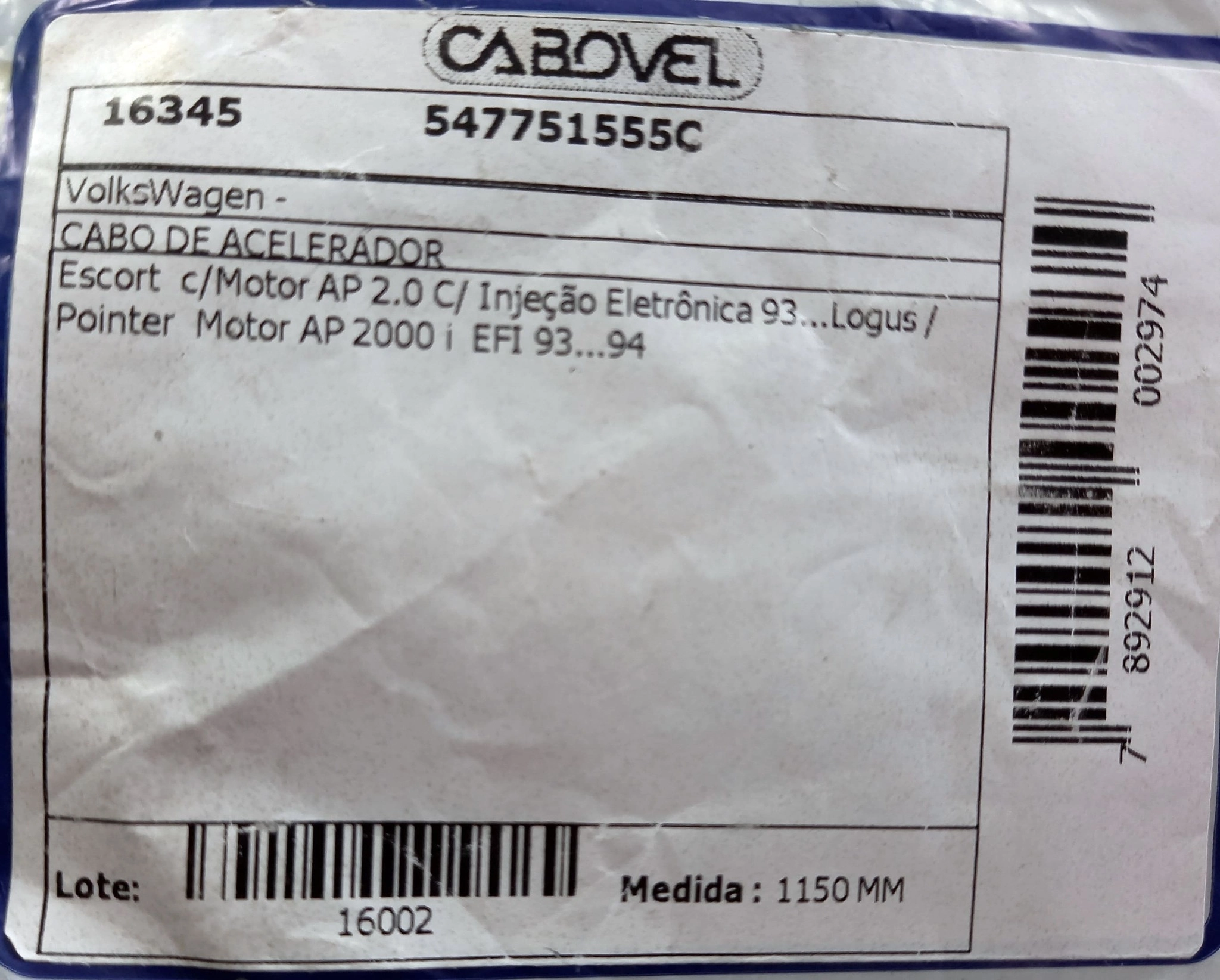 CABO ACELERADOR VW LOGUS/POINTER - MOTOR AP 2000 I EFI 93/94 1150