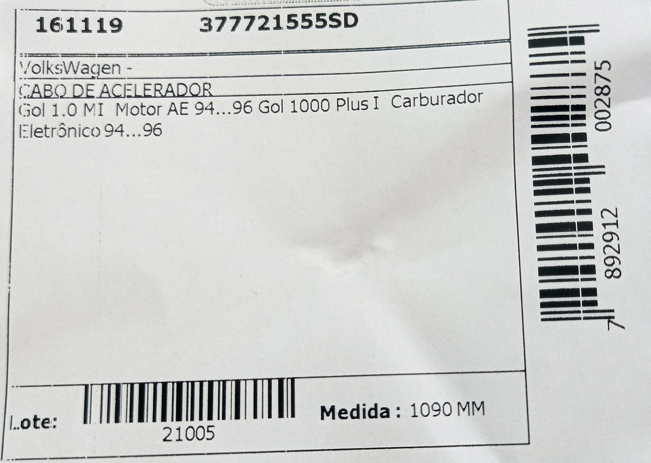 CABO ACELERADOR VW GOL 1000 PLUS I - CARBURADOR ELETRONICO 94/96 1090