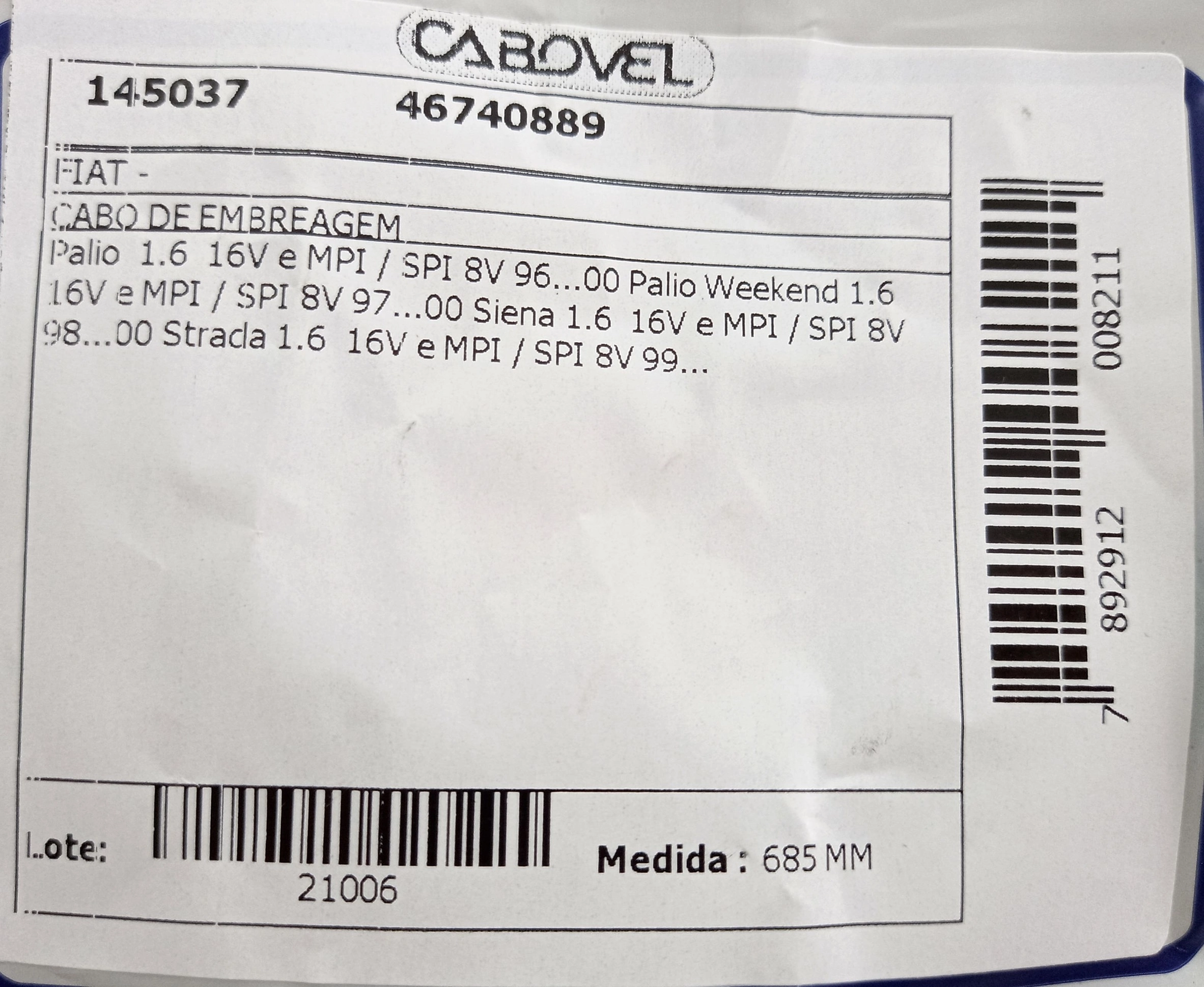 CABO EMBREAGEM 685MM FIAT PALIO/SIENA/PALIO WEEKEND 1.6 16V MPI/SPI 8V 96/00 STRADA 99/