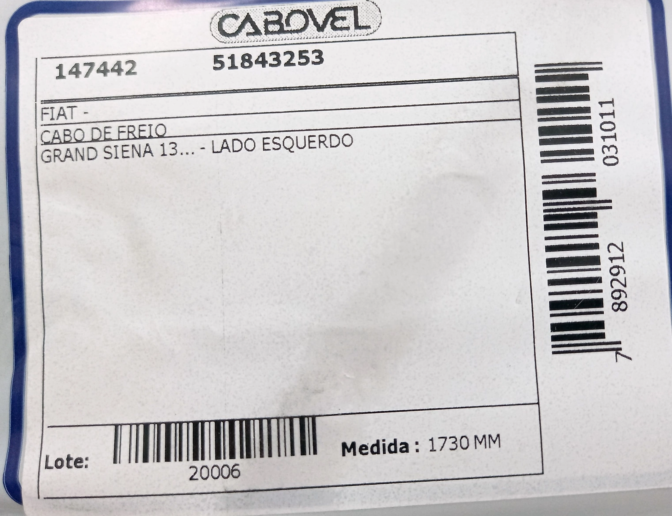 CABO FREIO FIAT GRAND SIENA 2013/ - ESQUERDO 1730