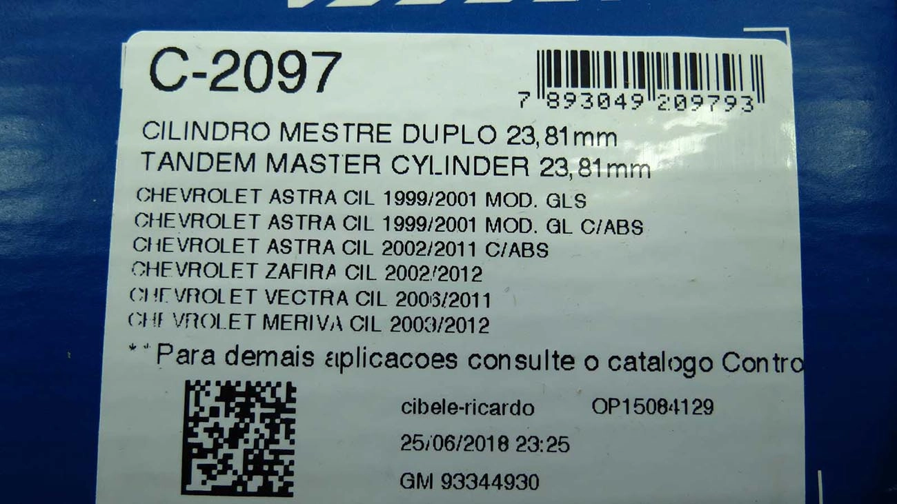 CILINDRO MESTRE FREIO GM ASTRA 99/11 - NOVO VECTRA 06/11 - MERIVA 03/12 - ZAFIRA 02/12 - 23.81MM