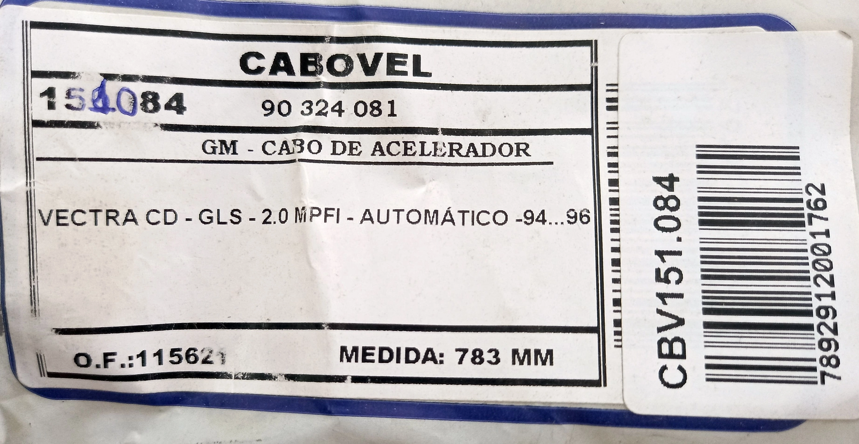 CABO ACELERADOR 783MM GM VECTRA CD/GLS 2.0 MPFI AUTOMATICO 94/96 783