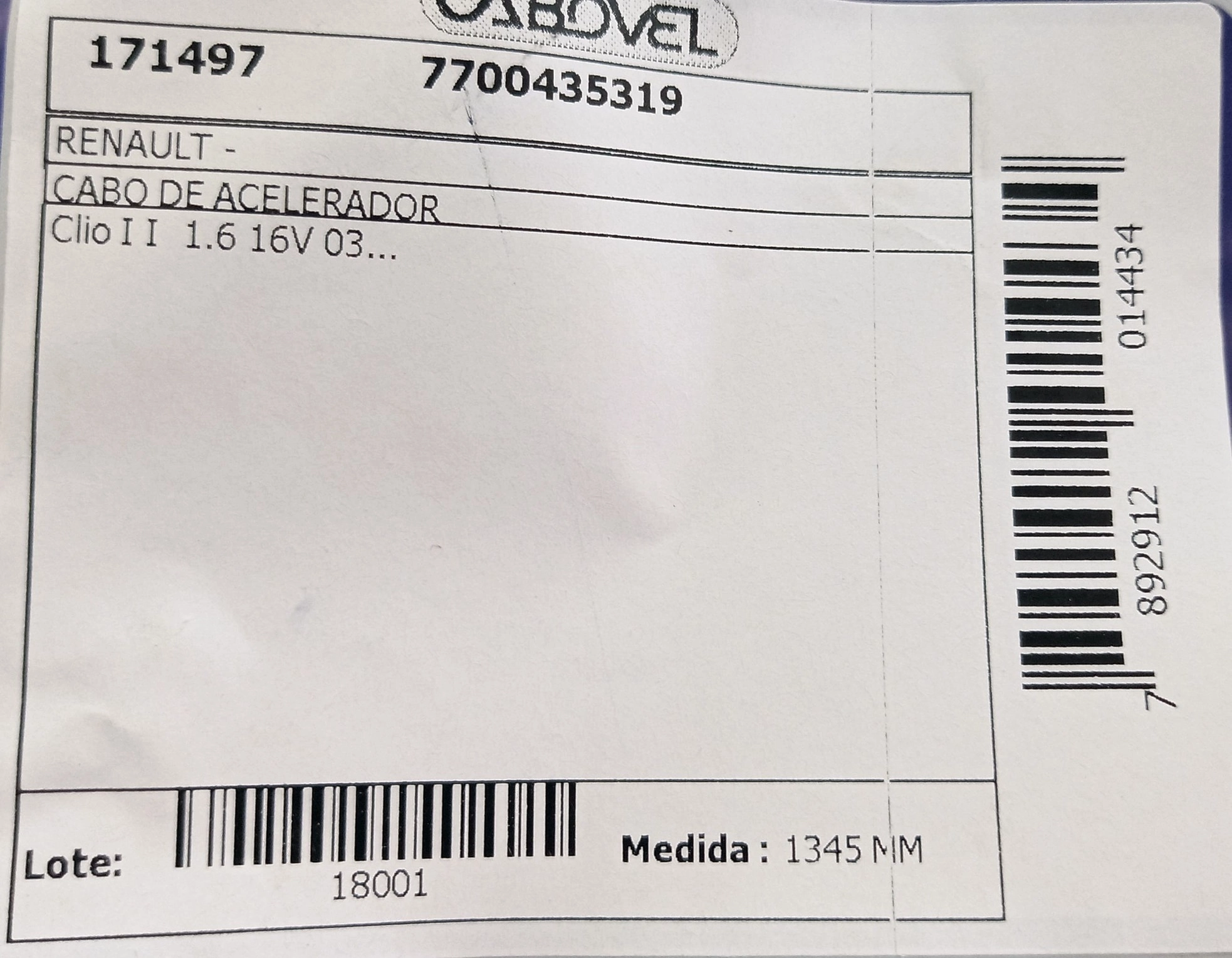 CABO ACELERADOR 1345MM RENAULT CLIO 1.6 16V 2003/
