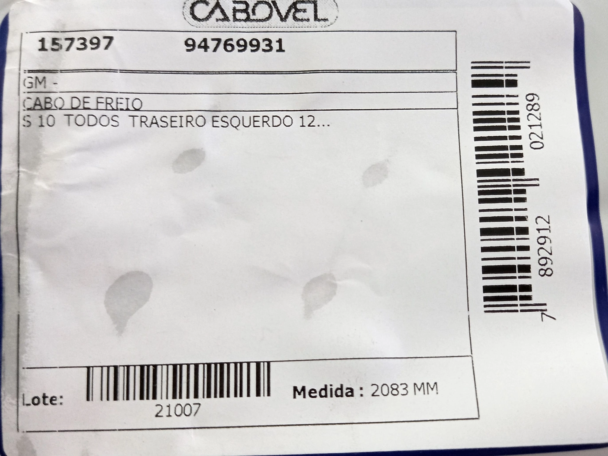 CABO FREIO ESQUERDO GM NOVA S-10 2012/ TODOS MODELOS - 2083MM