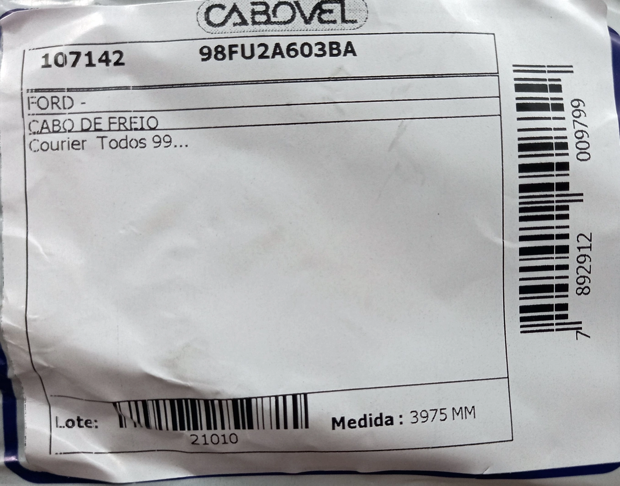 CABO FREIO TRASEIRO 3975MM FORD COURIER 97/ TODOS
