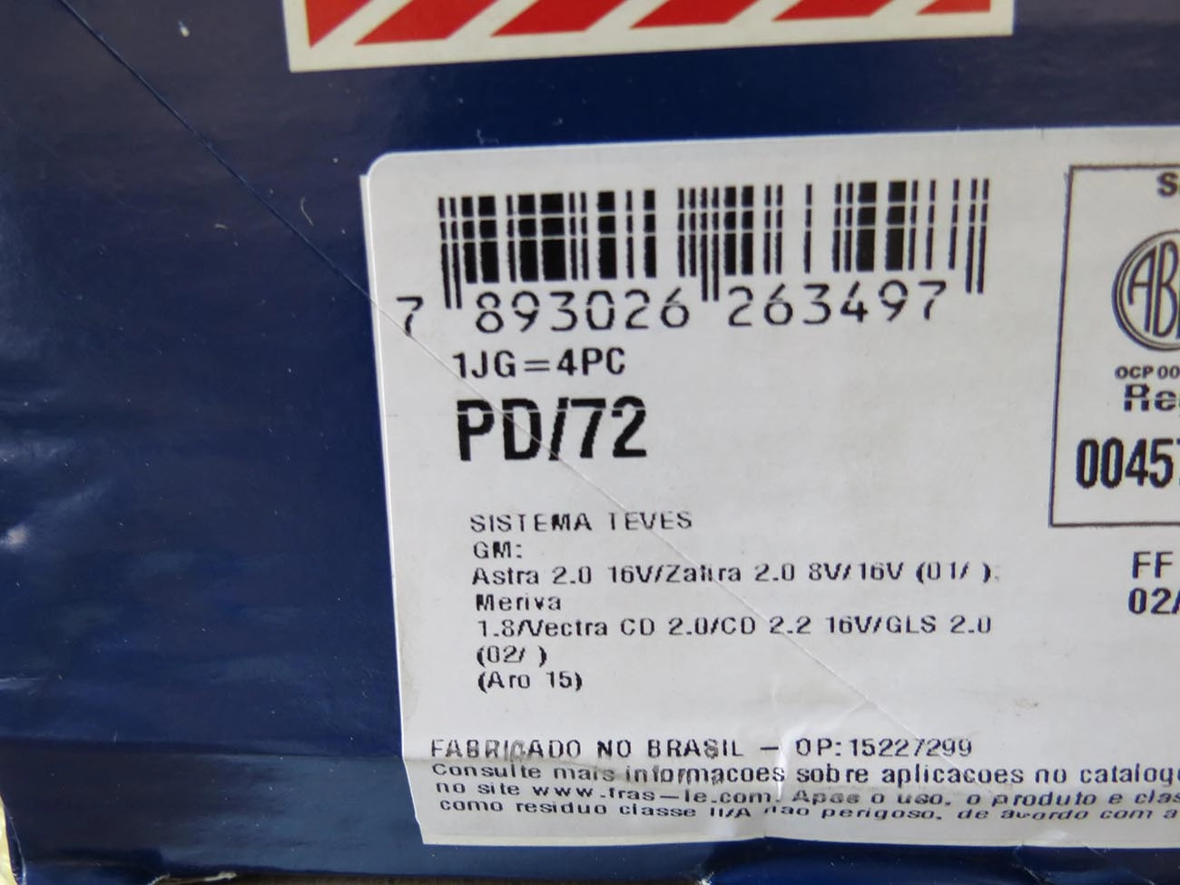 PASTILHA FREIO RODA DIANTEIRA GM VECTRA 2.0/2.2 MERIVA 1.8 ZAFIRA 8/16V ASTRA 01/10