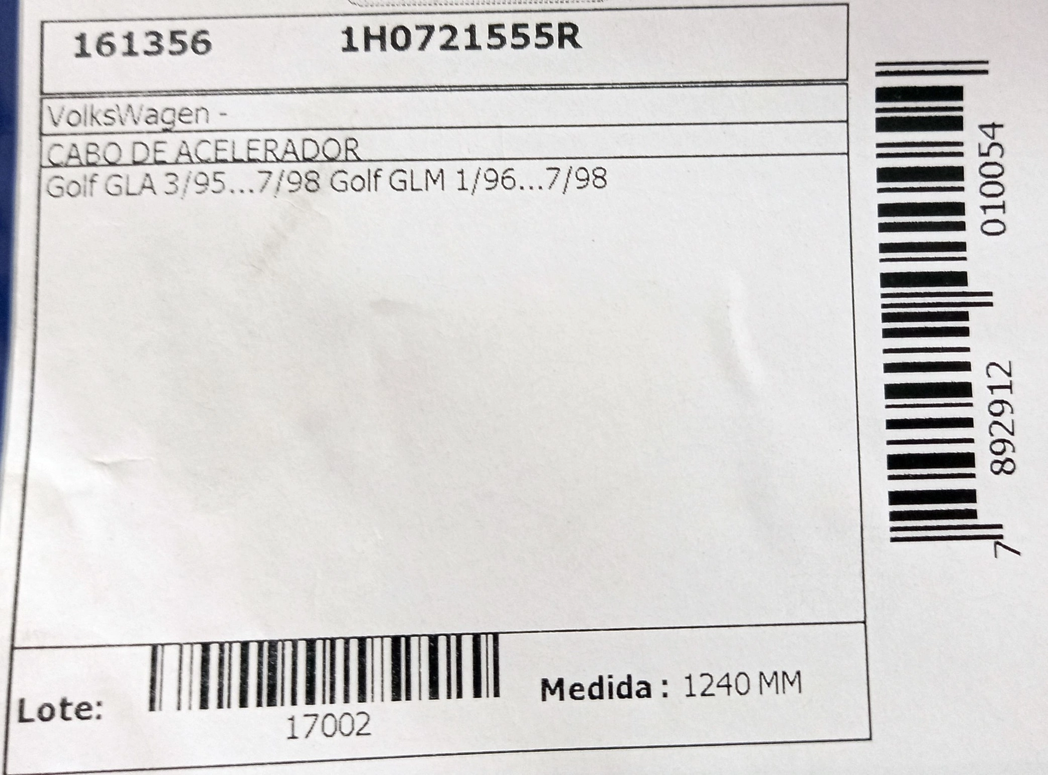 CABO ACELERADOR 1240MM VW GOLF GLM/GLA 03.95/07.98 1240