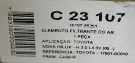 FILTRO AR TOYOTA HILUX 2.5/3.0 16V 2006/ DIESEL - HILUX 2.7 16V 2008/ GASOLINA
