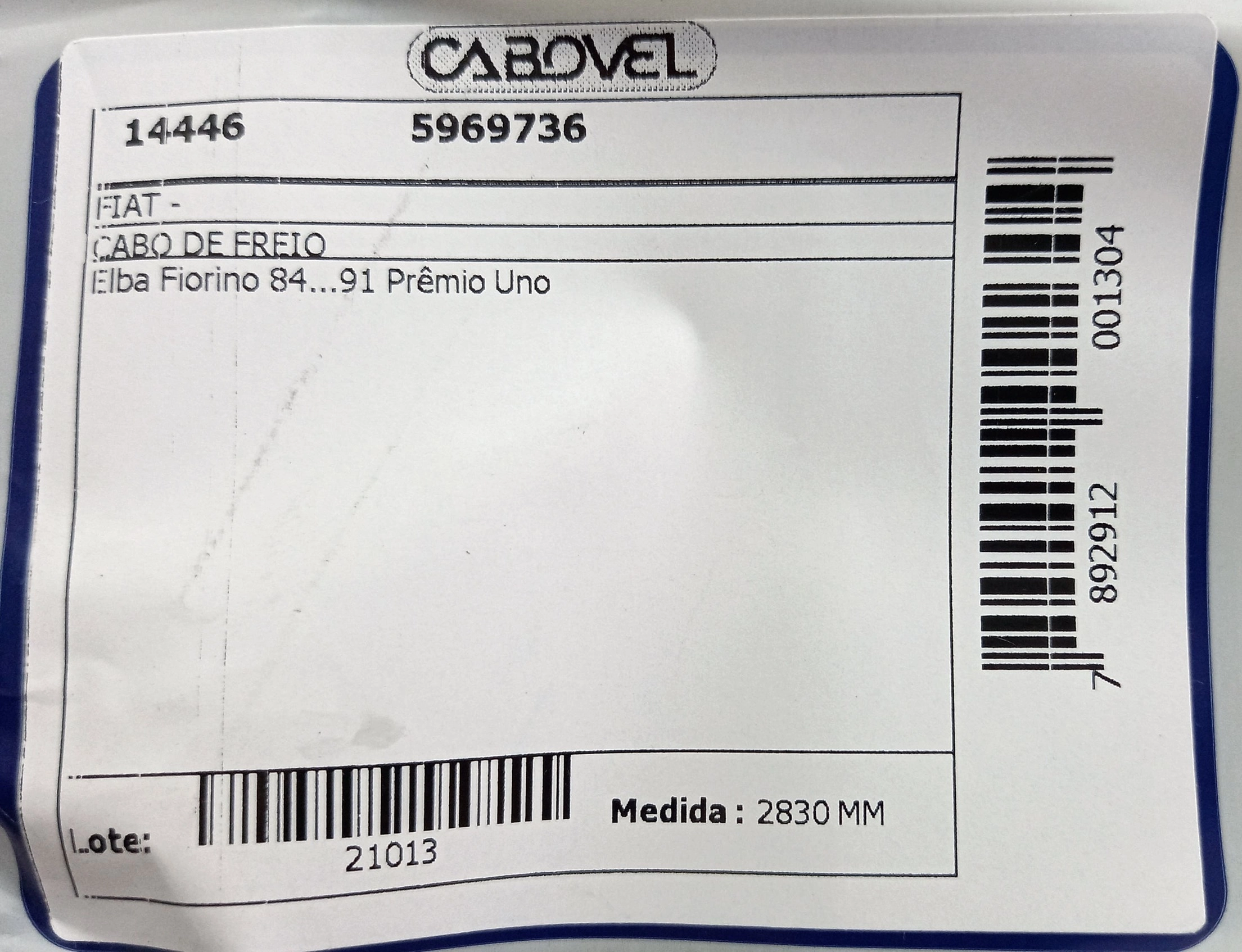 CABO FREIO TRASEIRO 2830MM FIAT UNO/PREMIO/ELBA/FIORINO 84/91 DUAS RODAS