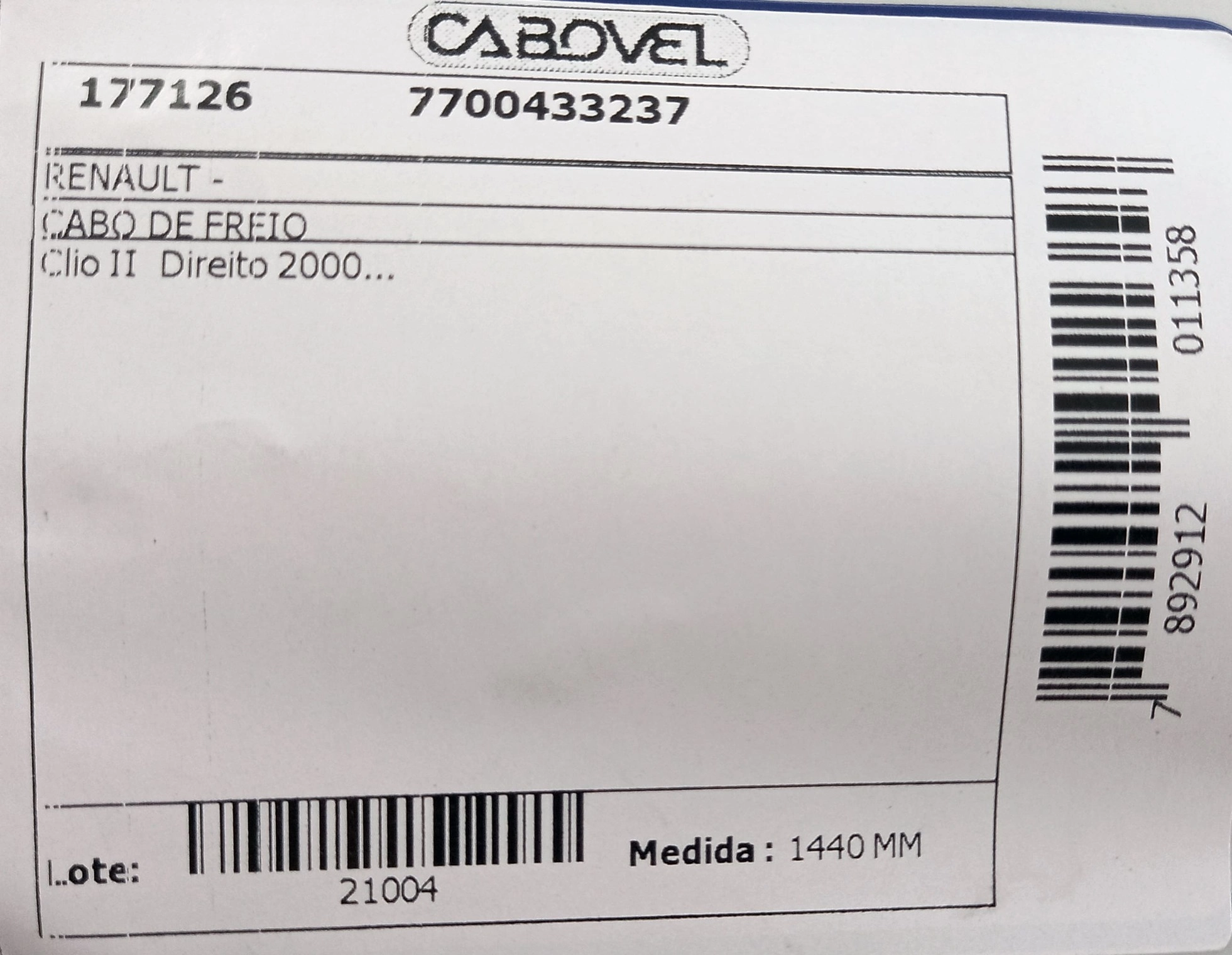 CABO FREIO RENAULT CLIO GERACAO II - DIREITO 2000/ 1440