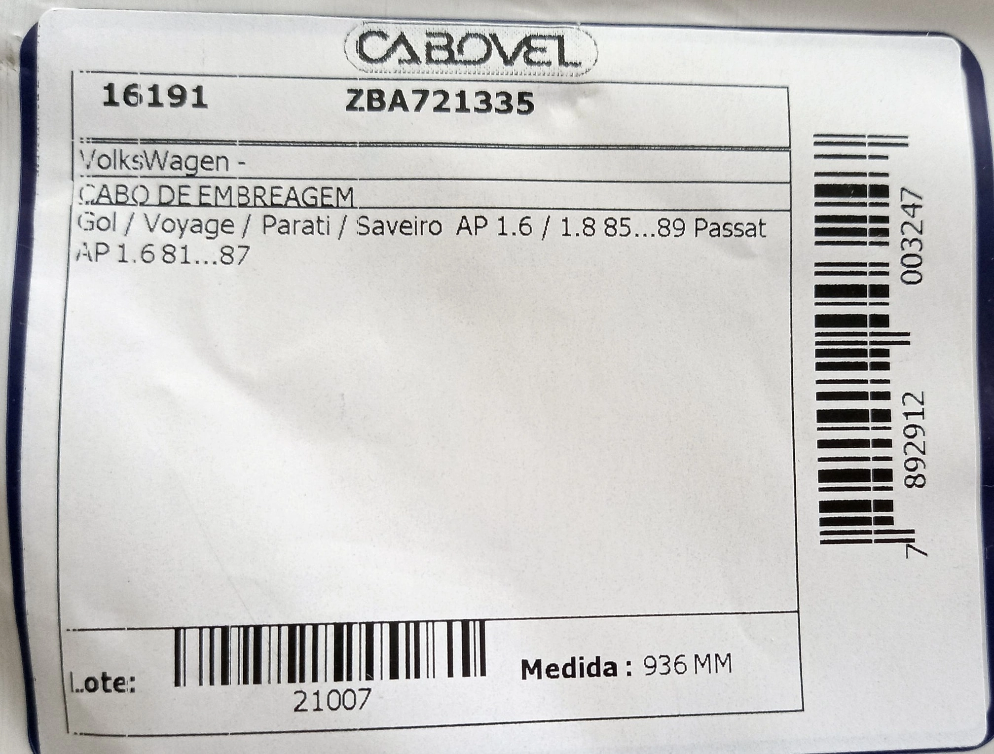 CABO EMBREAGEM VW PASSAT 1.6 81/87 936