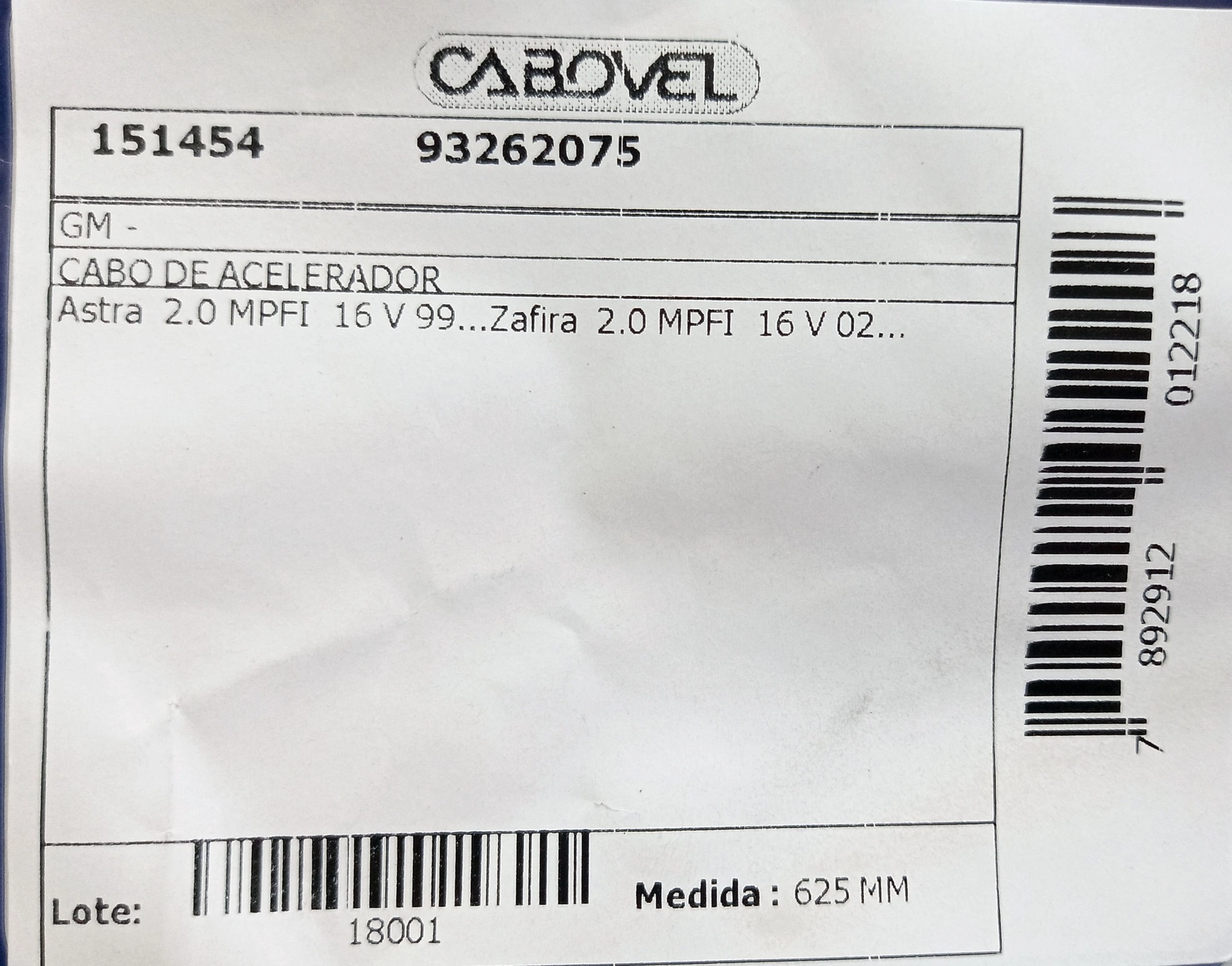 CABO ACELERADOR GM ASTRA - 16 V 99/ 610