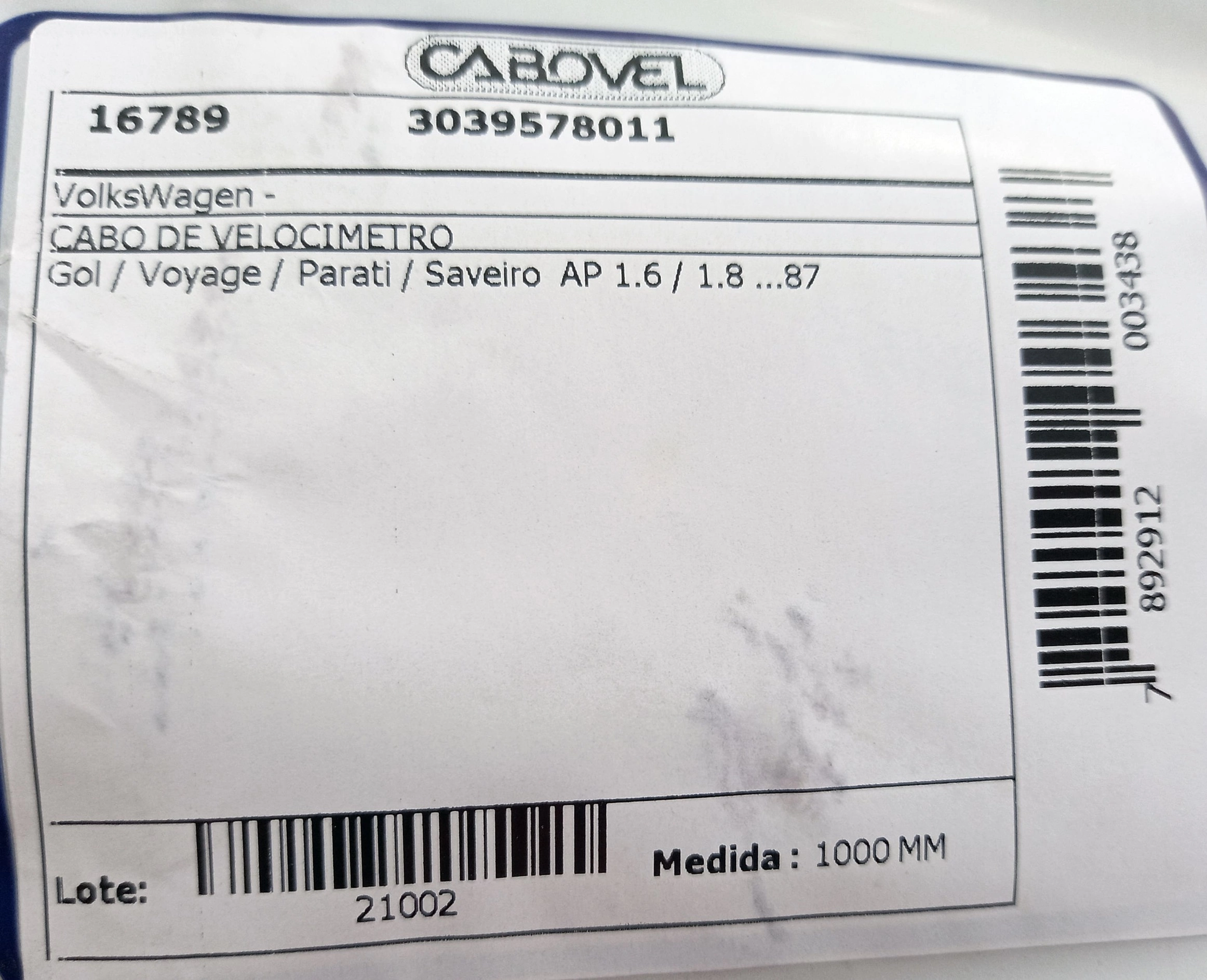 CABO VELOCIMETRO VW GOL/VOYAGE/PARATI/SAVEIRO - AP 1.6/1.8/87 1000