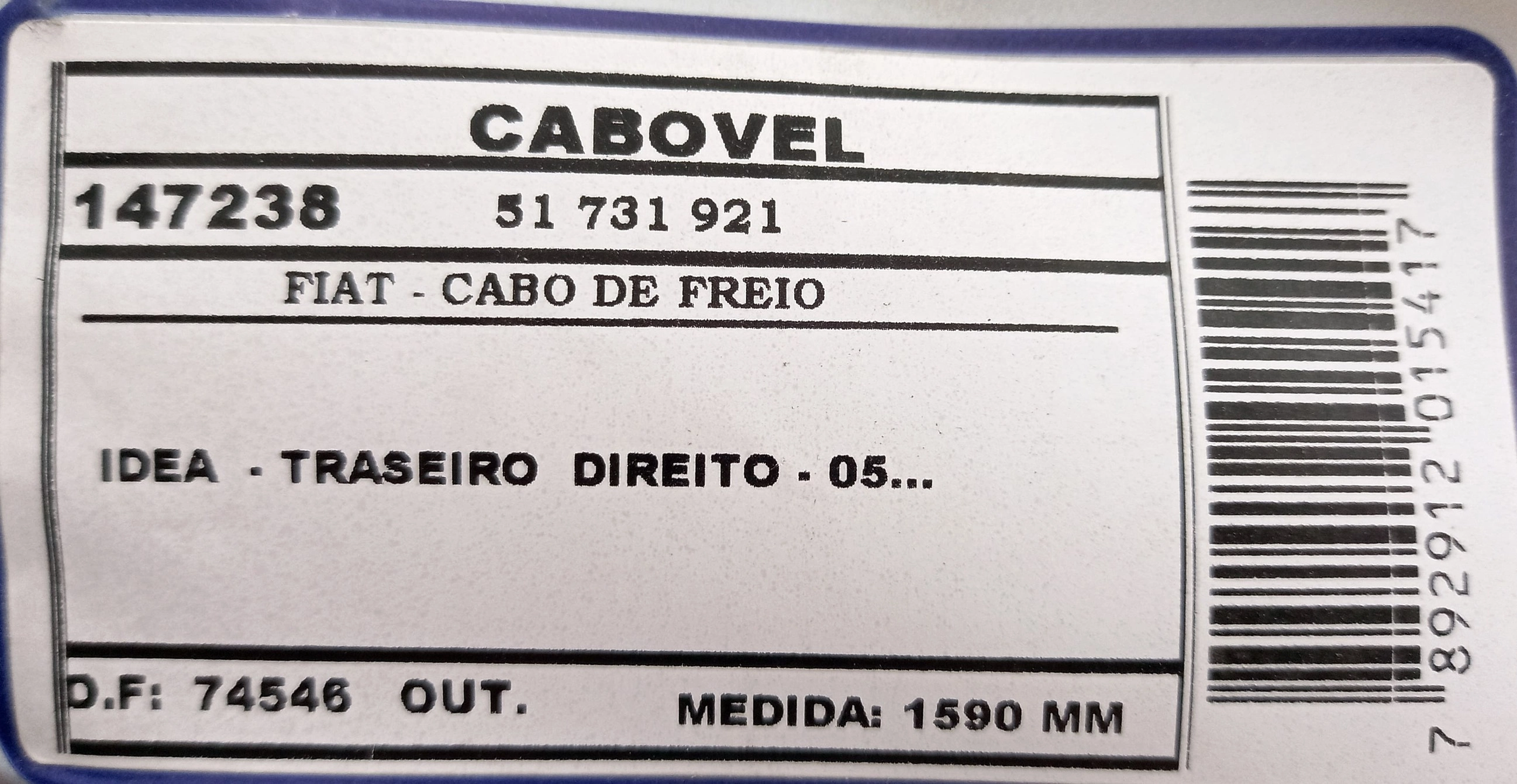 CABO FREIO TRASEIRO DIREITO 1590MM FIAT IDEA 2005/ 1590