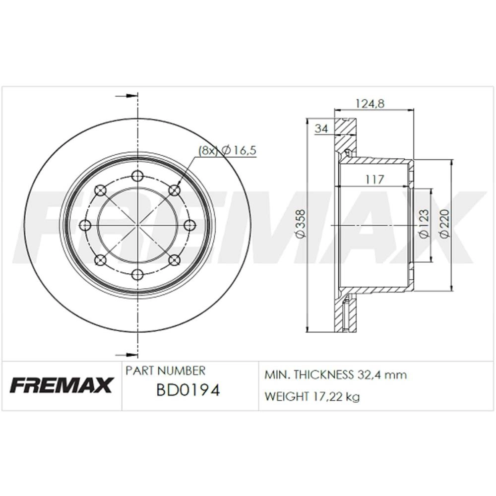 DISCO FREIO TRASEIRO VENTILADO 358MM 8 FUROS DODGE RAM 2500 6.7 2018/2024
