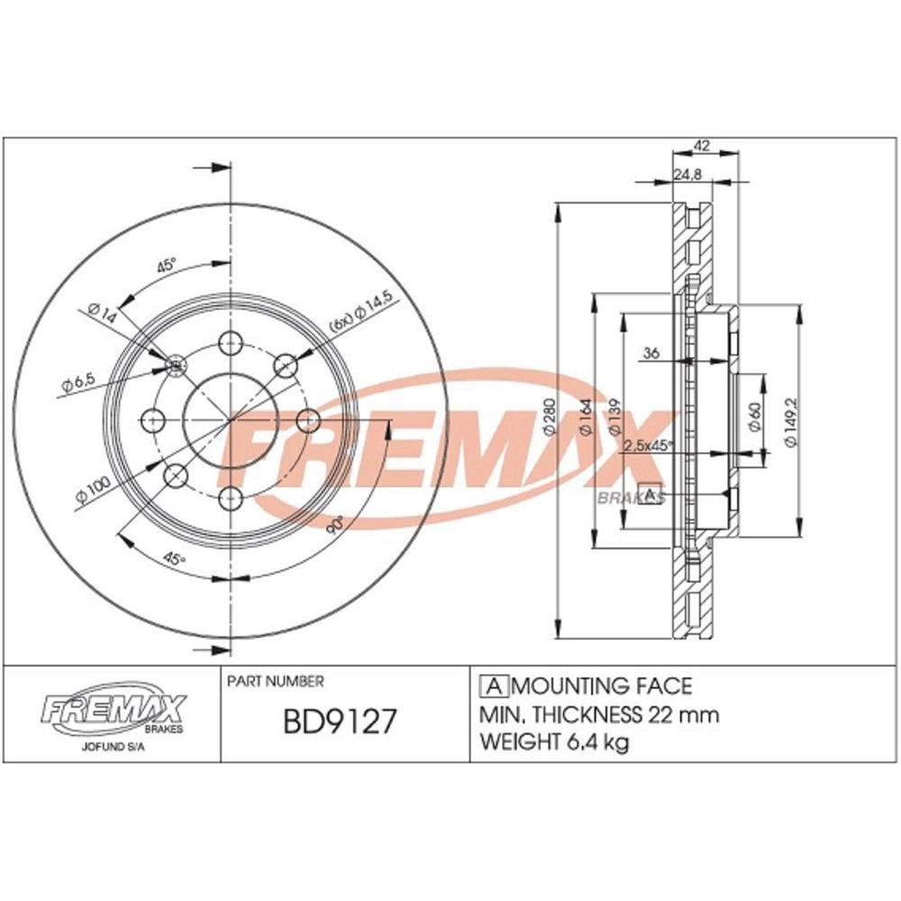 DISCO FREIO DIANTEIRO VENTILADO 280MM 6 FUROS ASTRA 2.0 8V 05/11 ARO 15 VECTRA 15/16