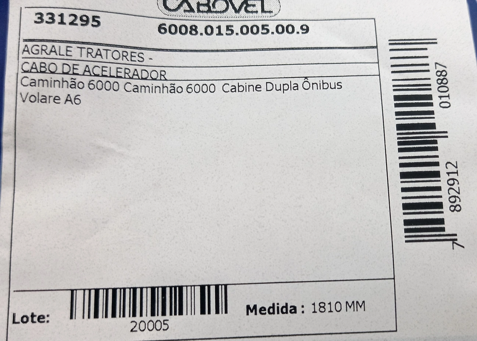 CABO ACELERADOR 1810MM AGRALE CAMINHOES 6000 ONIBUS VOLARE A6 1810